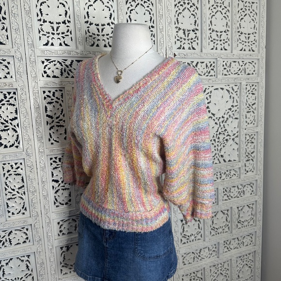 Vtg L'Américaine Pastel Rainbow Chunky Knit V Neck Slouchy Sleeve Sweater Sz S - Picture 4 of 8